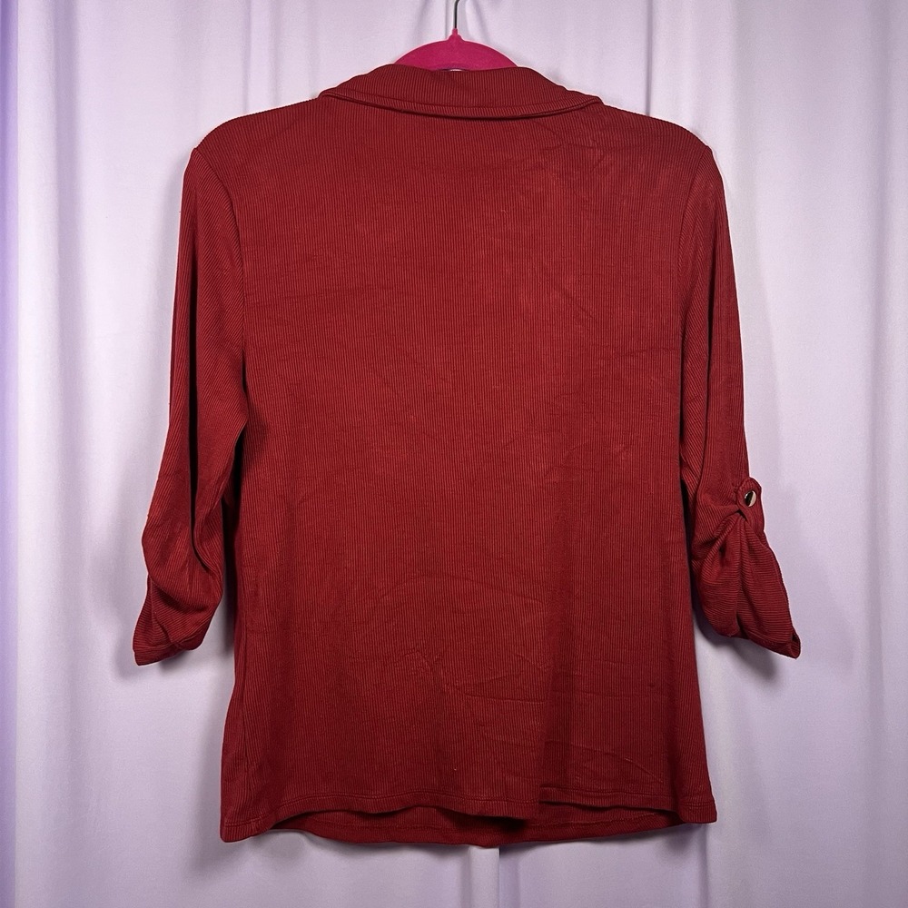 Catherine Malandrino Red Ribbed Knit Top Size M Collared Gold Button Preppy - Picture 9 of 10